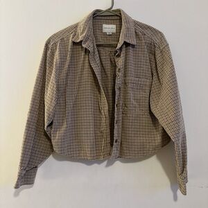 Beige Plaid Women's Cropped Button-Up